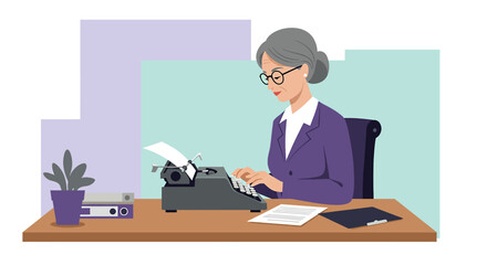 an elderly woman seated at a desk, typing on a vintage typewriter. Suitable for landing page, banner, marketing, web design, presentation, infographic, etc.