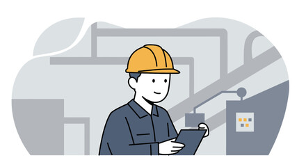 A professional male engineer wearing a hard hat and uniform inspects operations in a modern factory setting, depicted in a clean, flat illustration style.