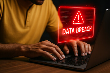 Data breach alert on laptop screen cyber security threat vulnerability and information leak concept image