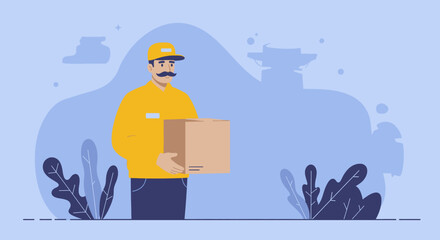 A vector illustration depicts a delivery person in a yellow uniform, holding a package with a mustache, set against a blue background with stylized plants.