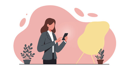a woman in a business suit standing in front of a plant, engrossed in her phone. Suitable for landing page, banner, marketing, web design, presentation, infographic, etc.