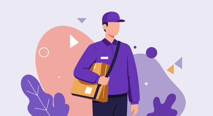 A friendly delivery person in a purple uniform carries a package across his shoulder against a modern abstract background, ready to deliver.