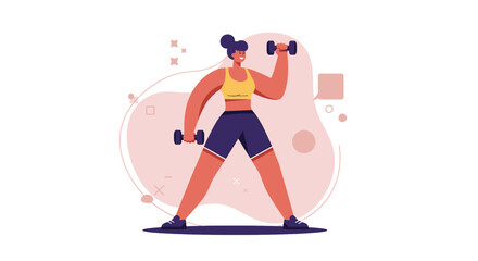 a woman in a yellow sports top and blue shorts, lifting a dumbbell with both hands. Suitable for landing page, banner, marketing, web design, presentation, infographic, etc.