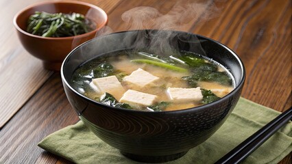 Steaming hot miso soup with tofu and seaweed image