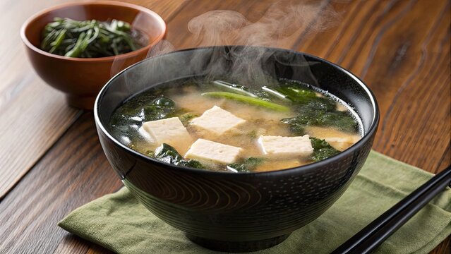 Steaming hot miso soup with tofu and seaweed image