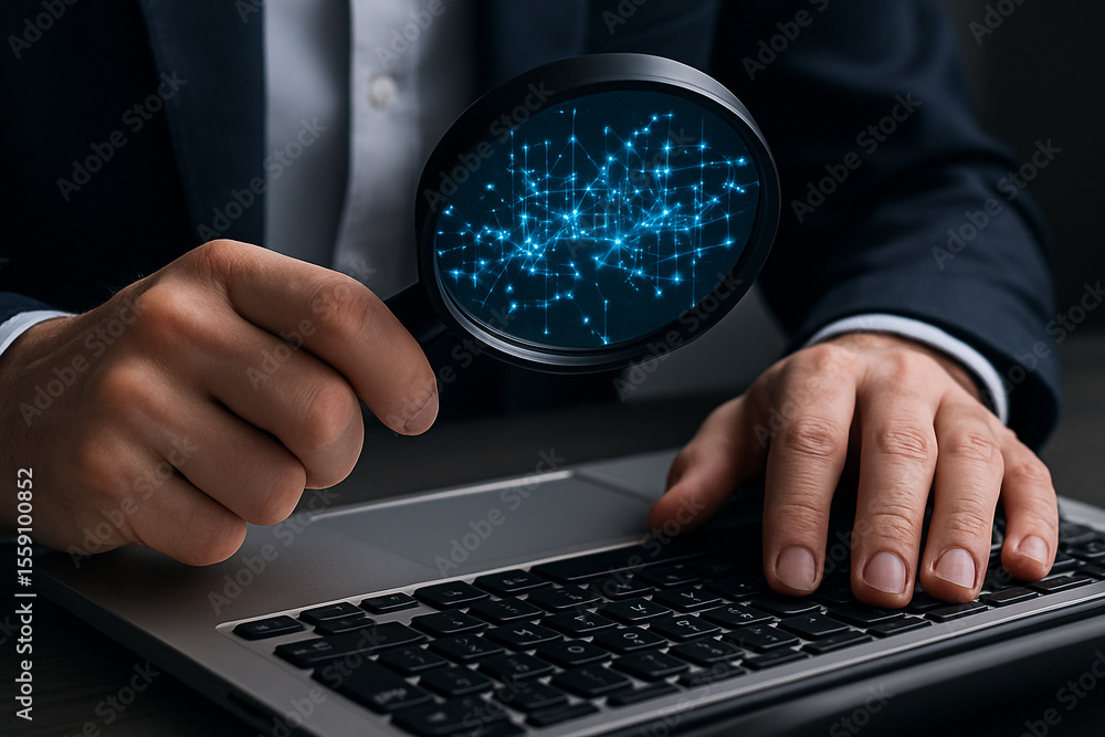 Poster cybersecurity data analysis with magnifying glass on laptop for online threat detection and investig