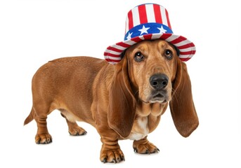 A basset hound with a patriotic hat isolated on white background