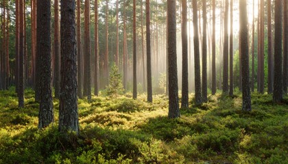 Obraz premium Sunlight filters in quiet conifer forest