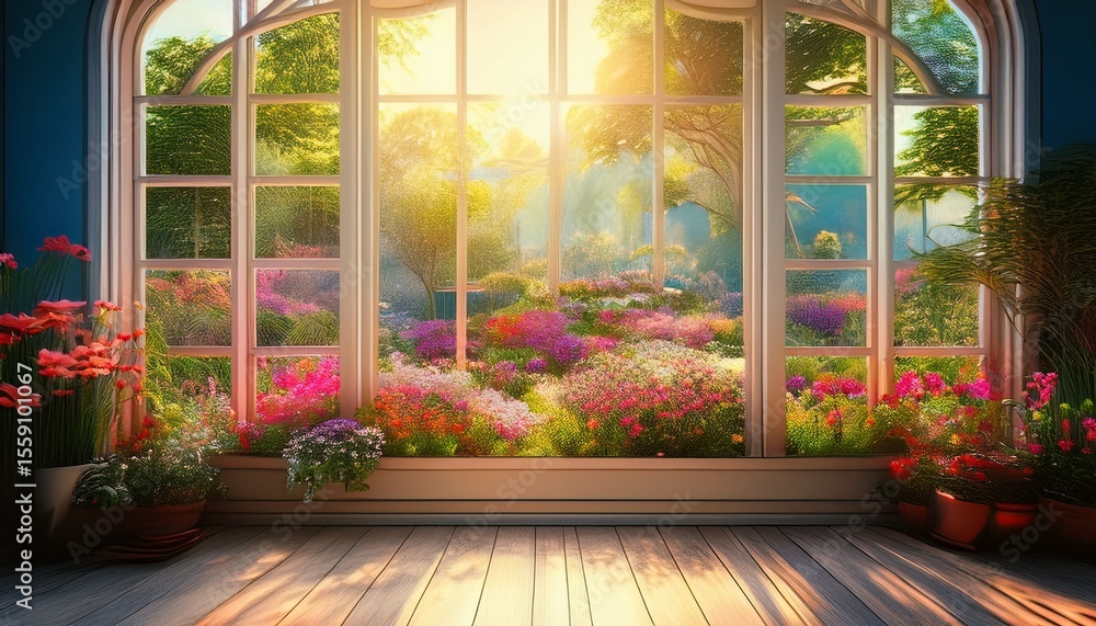 Poster bright garden seen through a large window creates a serene and inviting atmosphere indoors generativ