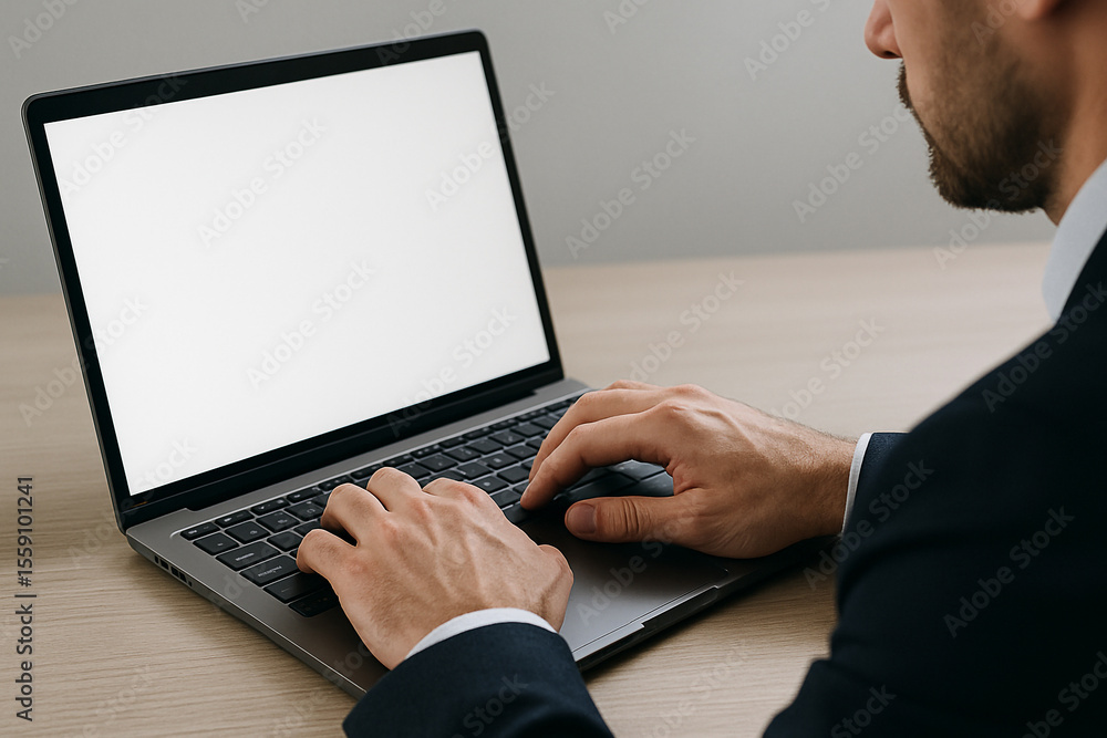 Poster man working on laptop computer blank screen for business and technology concept stock photo image