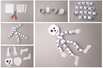 Halloween paper skeleton DIY project for kids education, craft blogs, school activity guides, children development resources, or classroom decoration tutorials