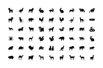 Diverse Animal Kingdom Silhouette Collection Featuring Mammals, Birds, Reptiles, and Insects Represented in Simple Black Shapes on White Background Showcasing Wildlife Diversity