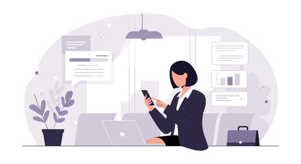 a woman sitting at her desk using her phone