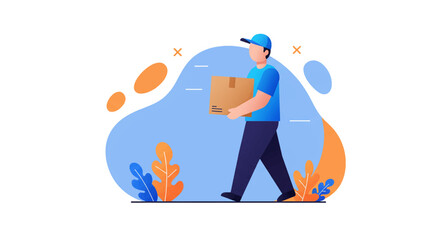 An illustration depicts a friendly delivery man in a blue uniform walking while carrying a package, set against a modern abstract background.