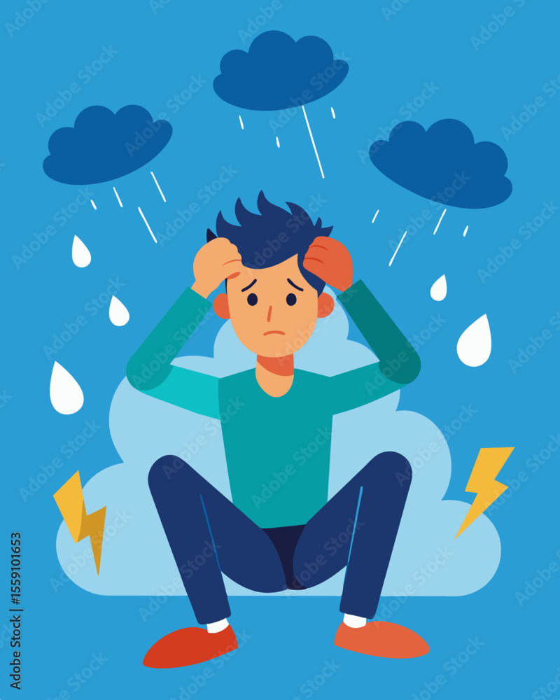 Poster the persons world seems to be crashing down with stressors falling on top of them like a hailstorm..
