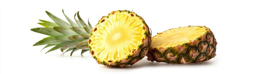 Fresh pineapple sliced in half, showing juicy yellow fruit and green spiky leaves on a white background.