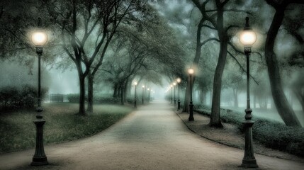 Eerie Foggy Park Path Illuminated by Antique Street Lamps at Twilight