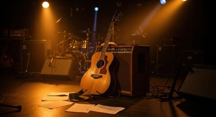 An acoustic guitar stands prominently on a concert stage, illuminated by warm spotlights, with other musical equipment and drums blurred in the background, setting a moody ambiance for live music.