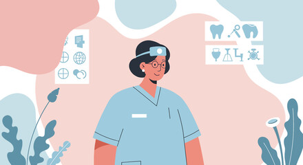 A friendly female dentist in scrubs stands against a pastel background with floating dental icons, representing modern dental care and professional expertise.