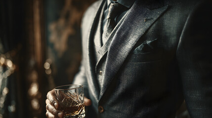 A whiskey glass in hand, a man in a suit projects business sophistication, while the cinematic lighting and rich, dark textures contribute to a mysterious, high end vibe.