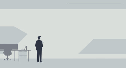 Obraz premium a minimalist office space with a man standing in the foreground, facing a desk with a computer setup. Suitable for landing page, banner, marketing, web design, presentation, infographic, etc.