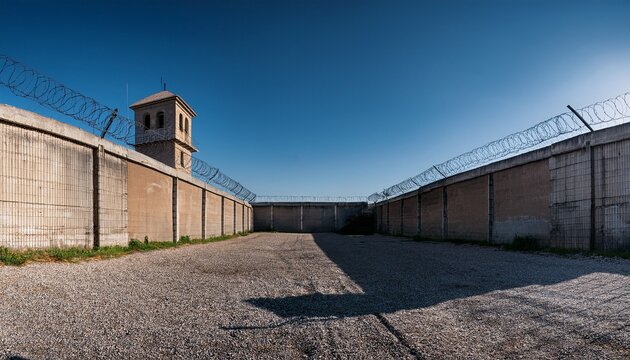 an empty prison yard surrounded by high concrete walls topped with barbed wire featuring a watchtower under a clear sky