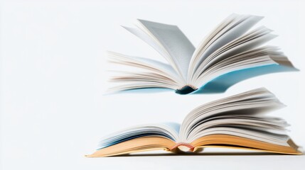 Fototapeta premium Two open books with pages fanned out, one above the other, displayed on a light background.