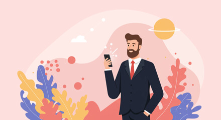 A man in a suit is standing against a backdrop of colorful plants and a stylized sun, holding a smartphone. Suitable for landing page, banner, marketing, web design, presentation, infographic, etc.