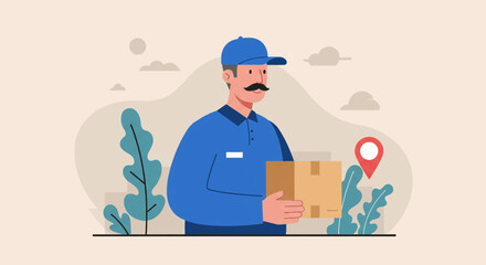A delivery man in a blue uniform carries a cardboard box, with a location pin indicating the delivery address, illustrating the concepts of shipping and logistics.