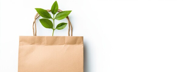 A brown paper bag with green leaves emerging from it on a white background, symbolizing eco-friendliness and sustainable packaging.