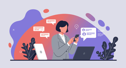 a woman sitting at a desk with a laptop and a cell