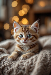 Playful Kitten on Wool Blanket in Warm Cozy Room