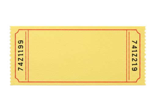 A pristine blank yellow raffle ticket with rounded corners, perforated edges, and a double red border, displaying black '742126' serial numbers vertically, isolated on a clean white background.