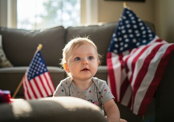 A cute baby with american flags in the living room