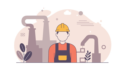 a construction worker wearing a hard hat, standing in front of a factory with pipes and industrial equipment. Suitable for landing page, banner, marketing, web design, presentation, infographic, etc.