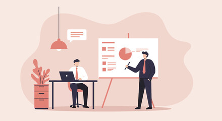 Two businessmen collaborating in an office, one presenting data on a whiteboard while the other works on a laptop, illustrating teamwork and corporate strategy.