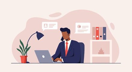 a man in a suit working at a desk with a laptop, surrounded by office supplies and a potted plant. Suitable for landing page, banner, marketing, web design, presentation, infographic, etc.