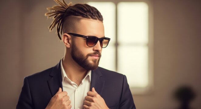 A stylish man with a beard and dreadlocks styled in a top knot with an undercut, wearing sunglasses and a blazer, exuding a cool and modern urban look.