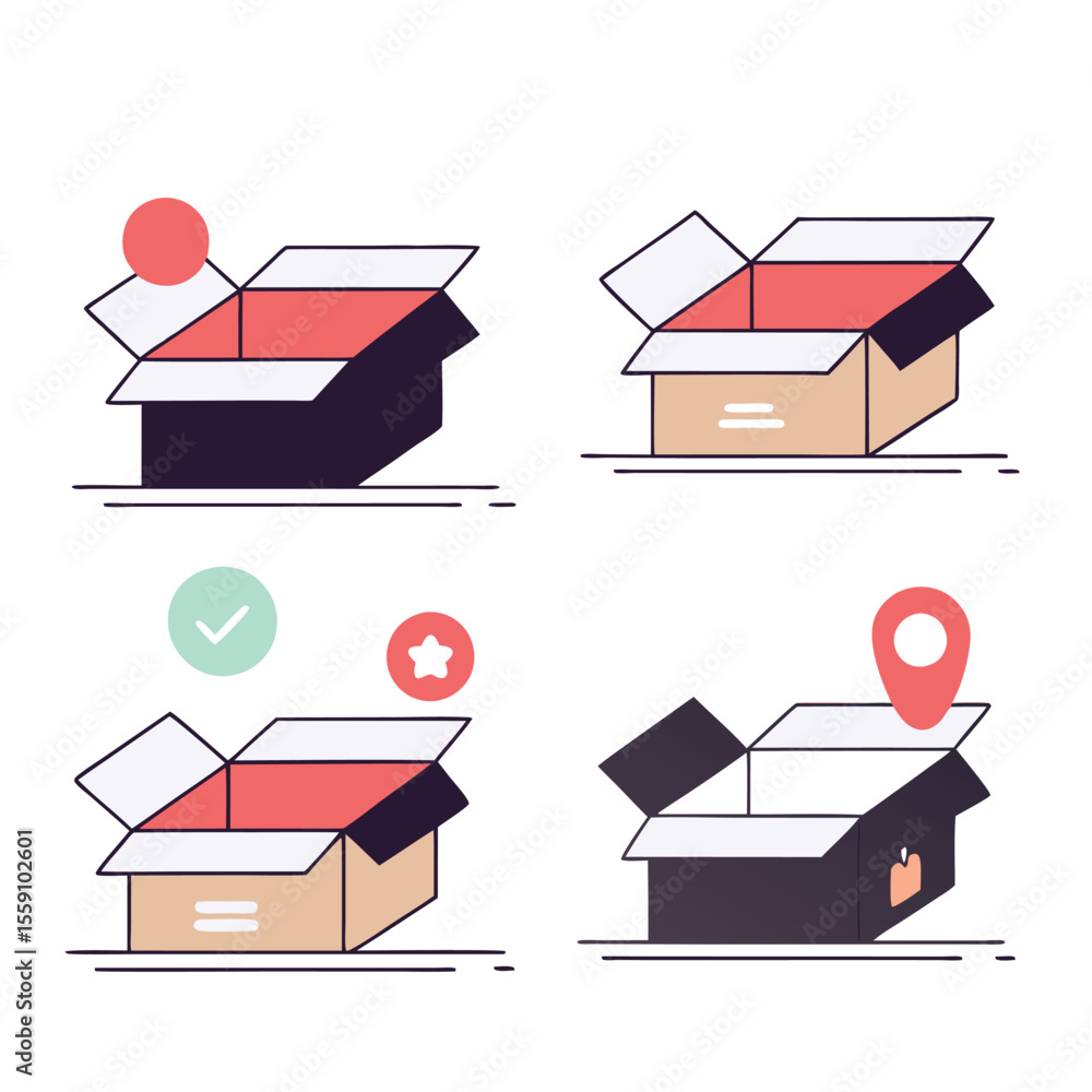 Poster set of four open cardboard boxes with icons for delivery and location