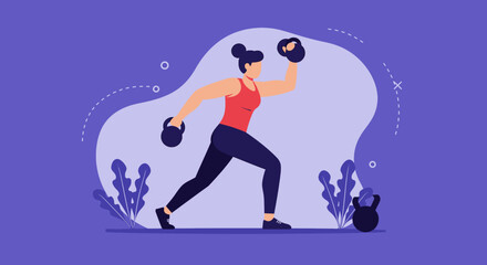 a woman in a red tank top and black leggings, lifting a kettlebell with both hands. Suitable for landing page, banner, marketing, web design, presentation, infographic, etc.