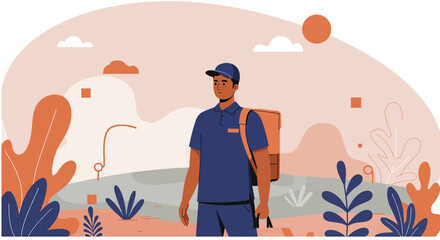An illustrated delivery person stands in a stylized outdoor scene, carrying a backpack and bag, representing fast and efficient service.
