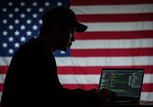 A hacker coding on a laptop in front of an american flag