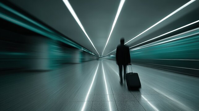 Businessman walking with suitcase in a modern tunnel