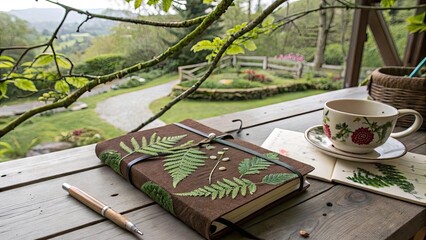 Brown journal with ferns and floral cup green nature