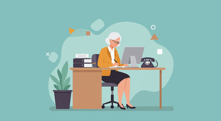 An elderly woman with white hair sits at her desk, working on a computer and taking notes in a bright, modern office setting, showcasing productivity.