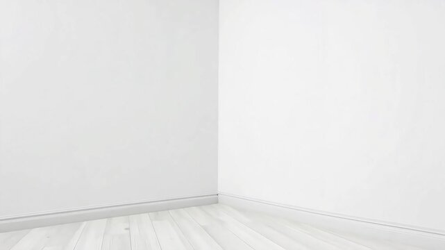 Clean white wall corner and wooden floor for interior design or architectural visualization purposes.