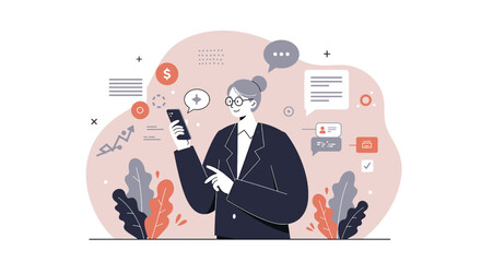 a woman dressed in business attire, holding a smartphone, surrounded by various icons and graphics. Suitable for landing page, banner, marketing, web design, presentation, infographic, etc.