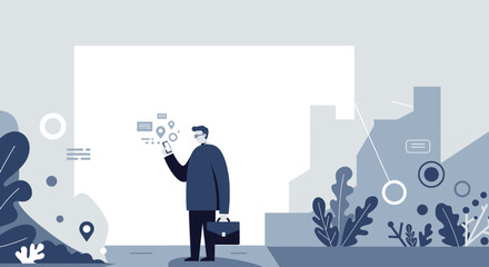 a man standing in front of a cityscape with a smartphone in his hand, surrounded by abstract shapes and icons. Suitable for landing page, banner, marketing, web design, presentation, infographic, etc.