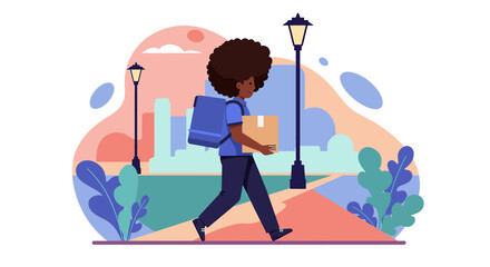 A delivery person with a backpack walks through a park carrying a package, conveying urban logistics and service.