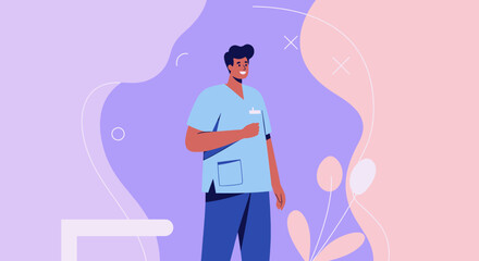 a man in a blue medical uniform standing against a purple background with abstract shapes and lines. Suitable for landing page, banner, marketing, web design, presentation, infographic, etc.